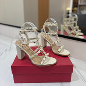 VALENTINO 26S STUDDED HIGH HEEL SANDALS 90 MM IN CREAM WHITE CALFSKIN
