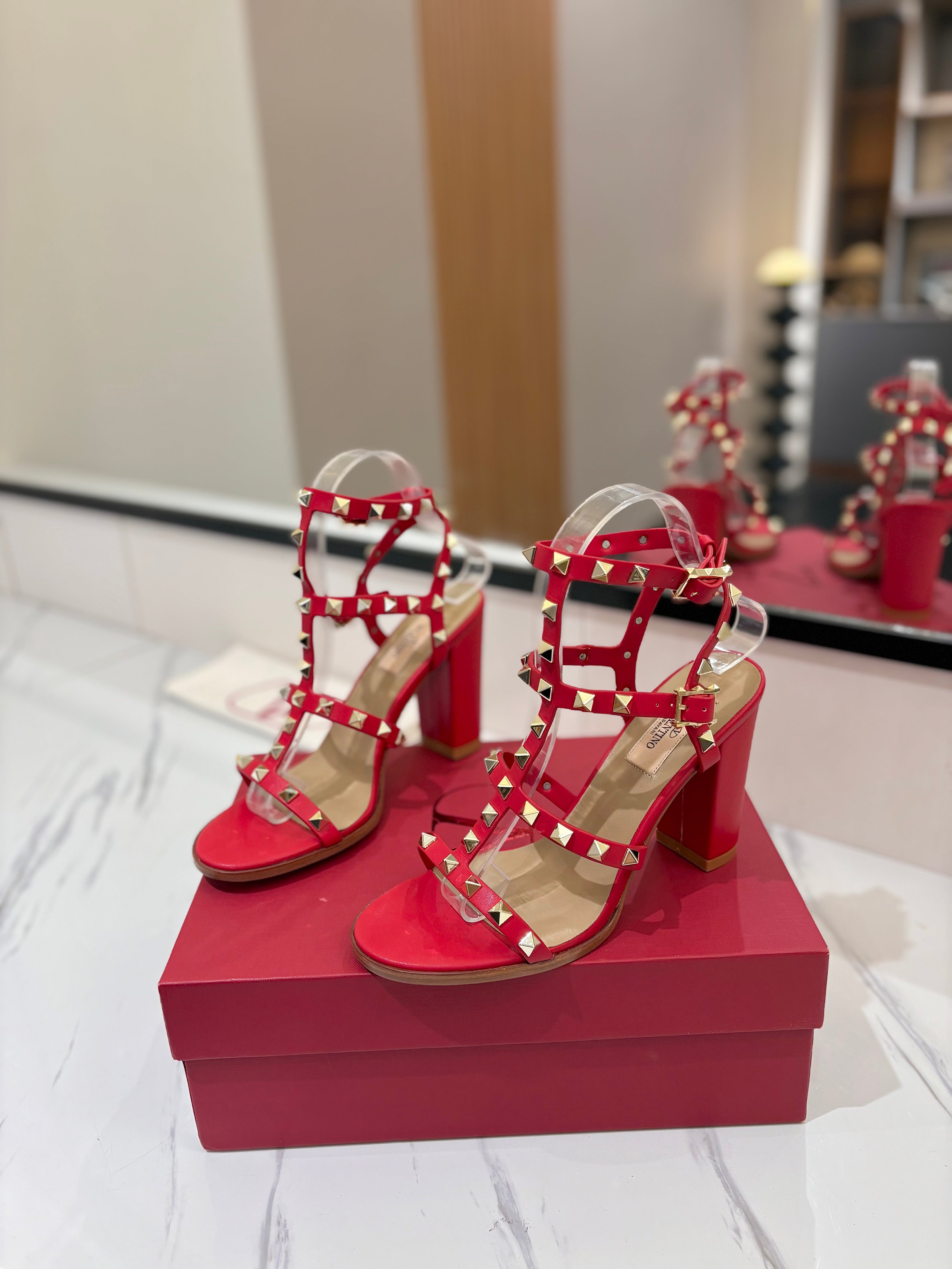 VALENTINO 26S STUDDED HIGH HEEL SANDALS 90 MM IN RED CALFSKIN