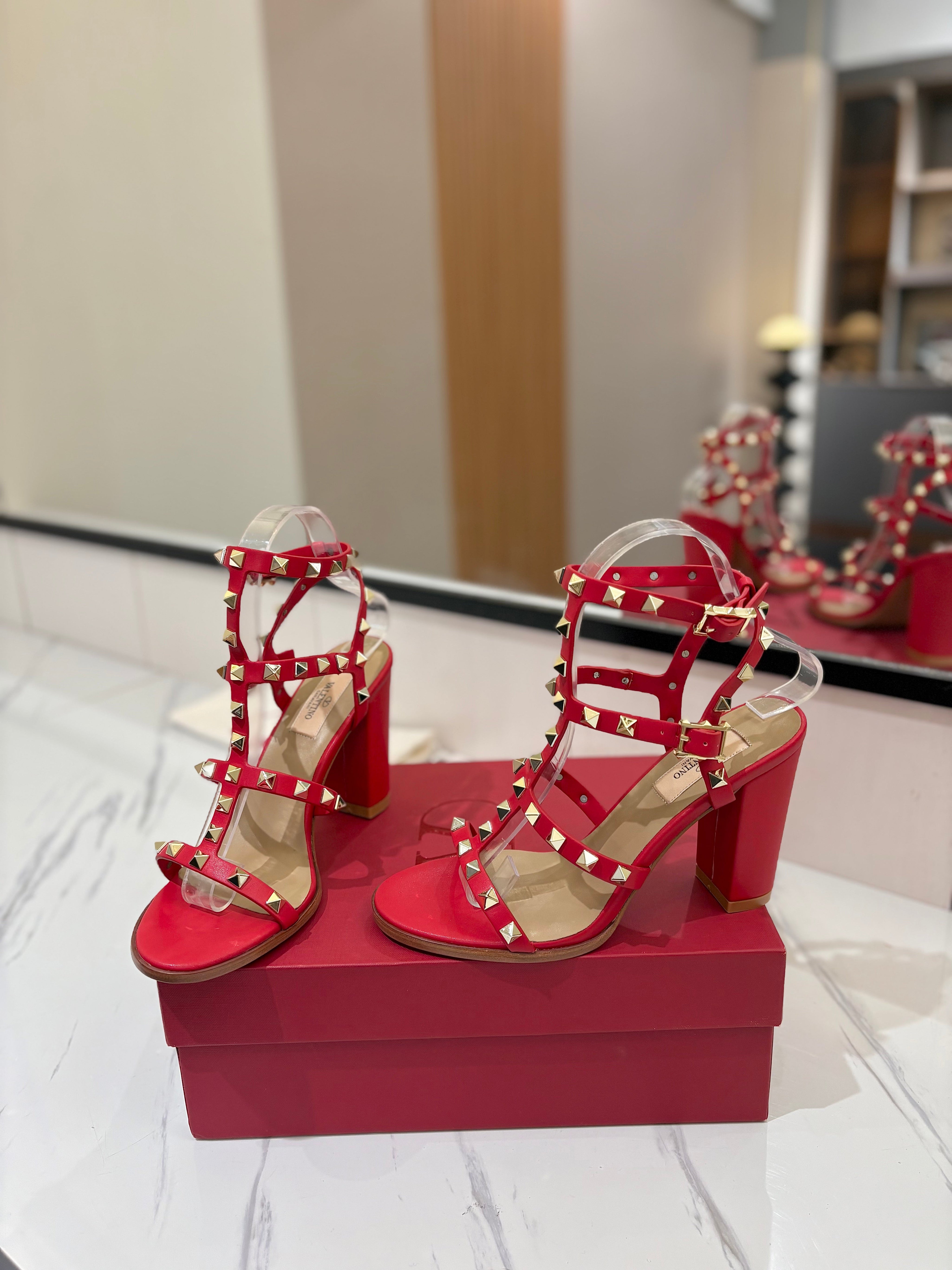 VALENTINO 26S STUDDED HIGH HEEL SANDALS 90 MM IN RED CALFSKIN