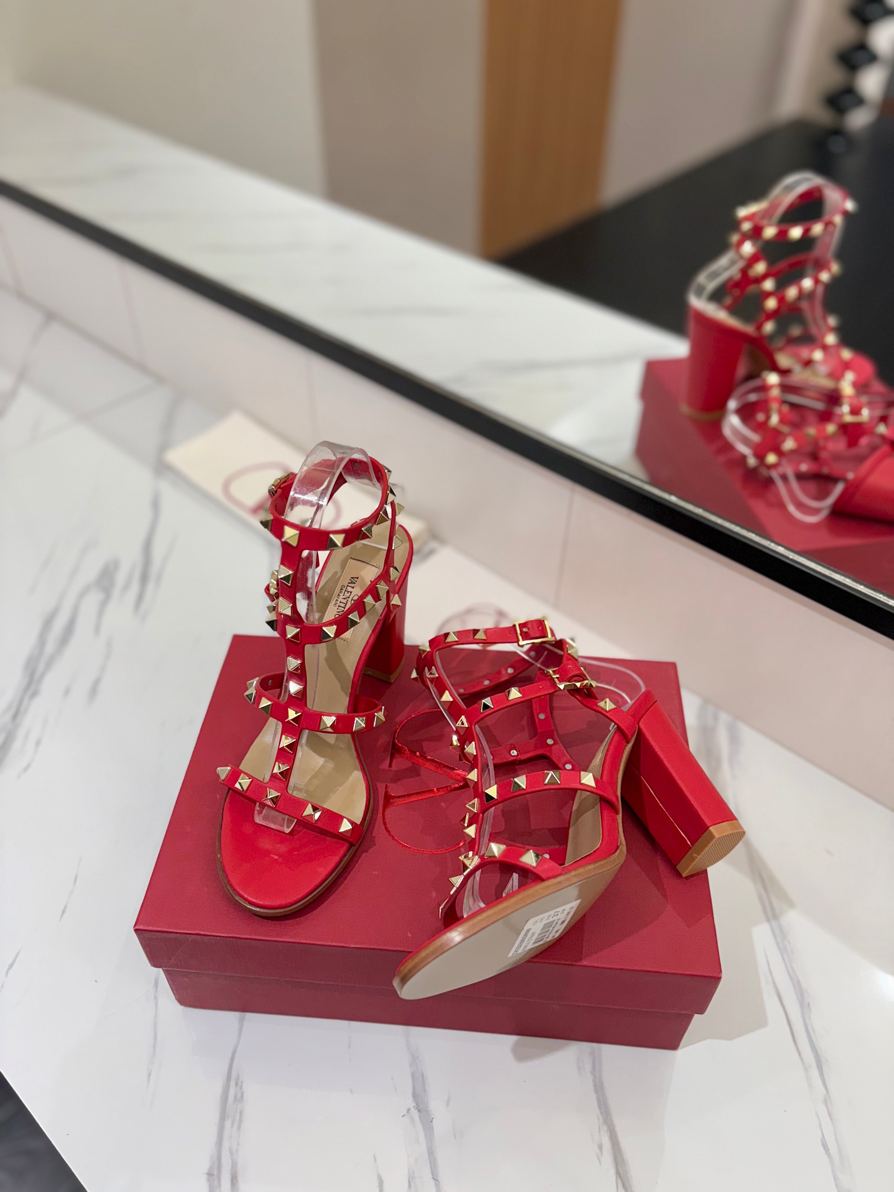 VALENTINO 26S STUDDED HIGH HEEL SANDALS 90 MM IN RED CALFSKIN