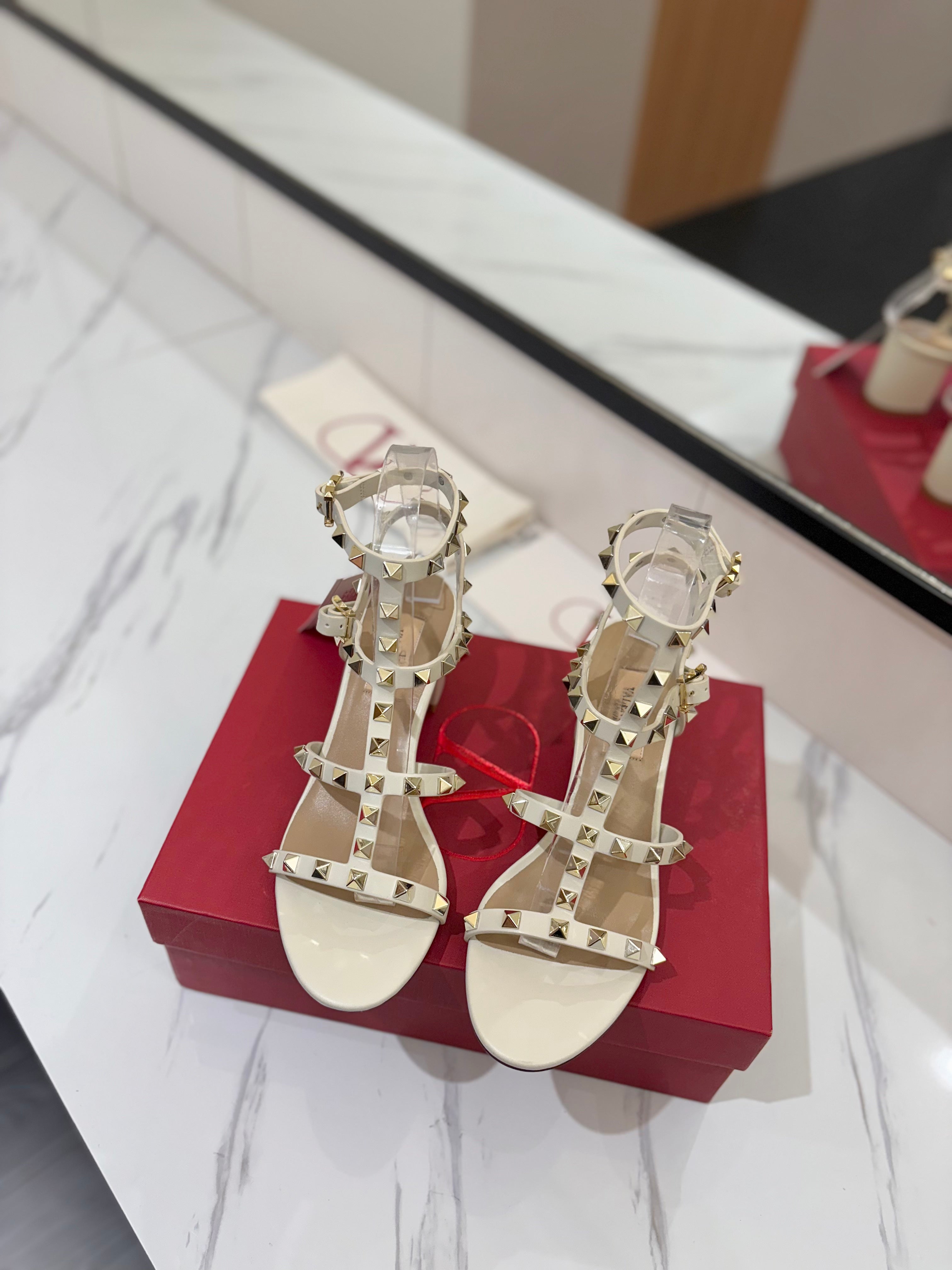 VALENTINO 26S STUDDED HIGH HEEL SANDALS 65 MM IN CREAM WHITE CALFSKIN