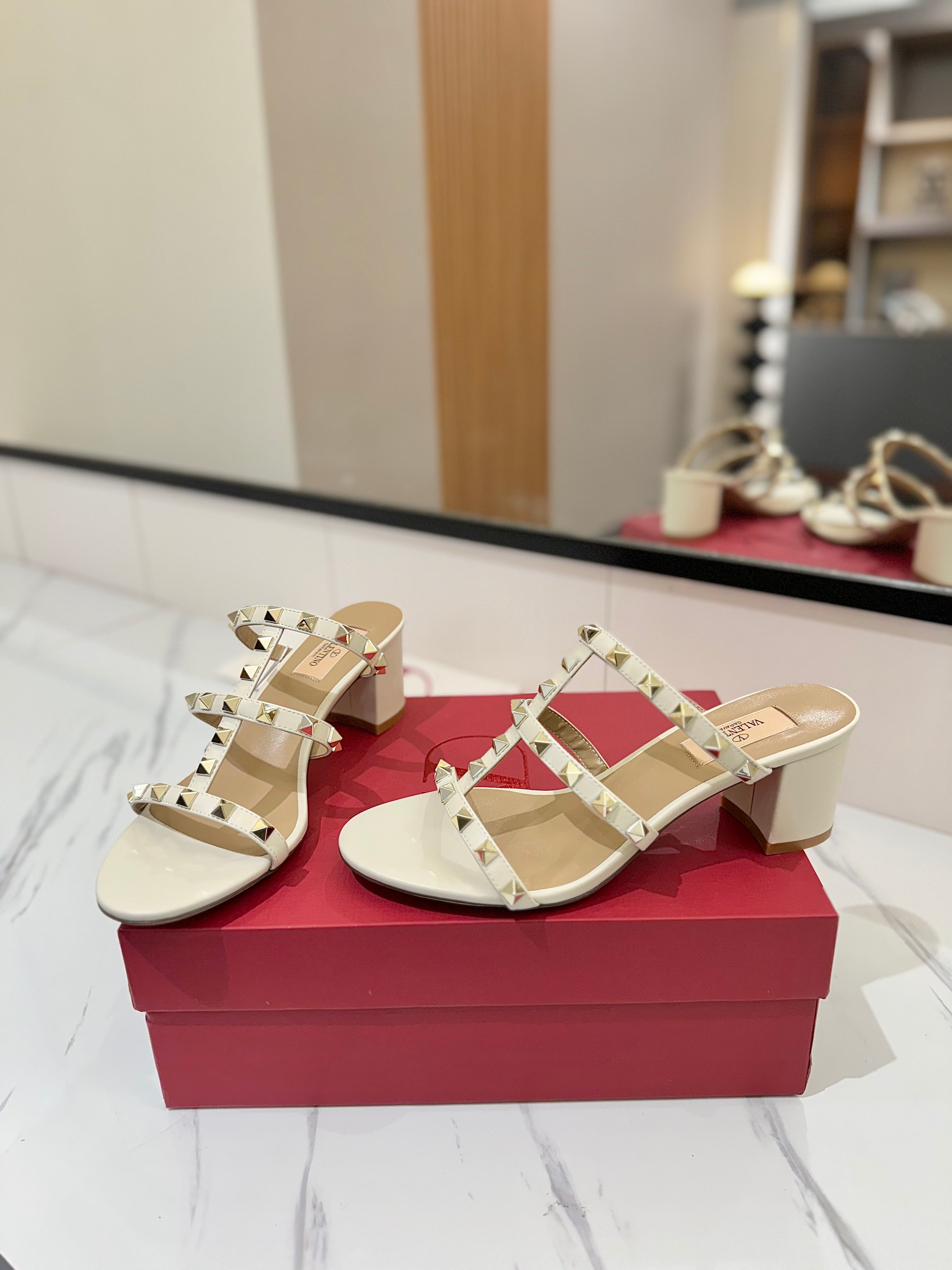 VALENTINO 26S HEELED SANDALS 60 MM IN CREAM WHITE CALFSKIN WITH GOLD STUDS