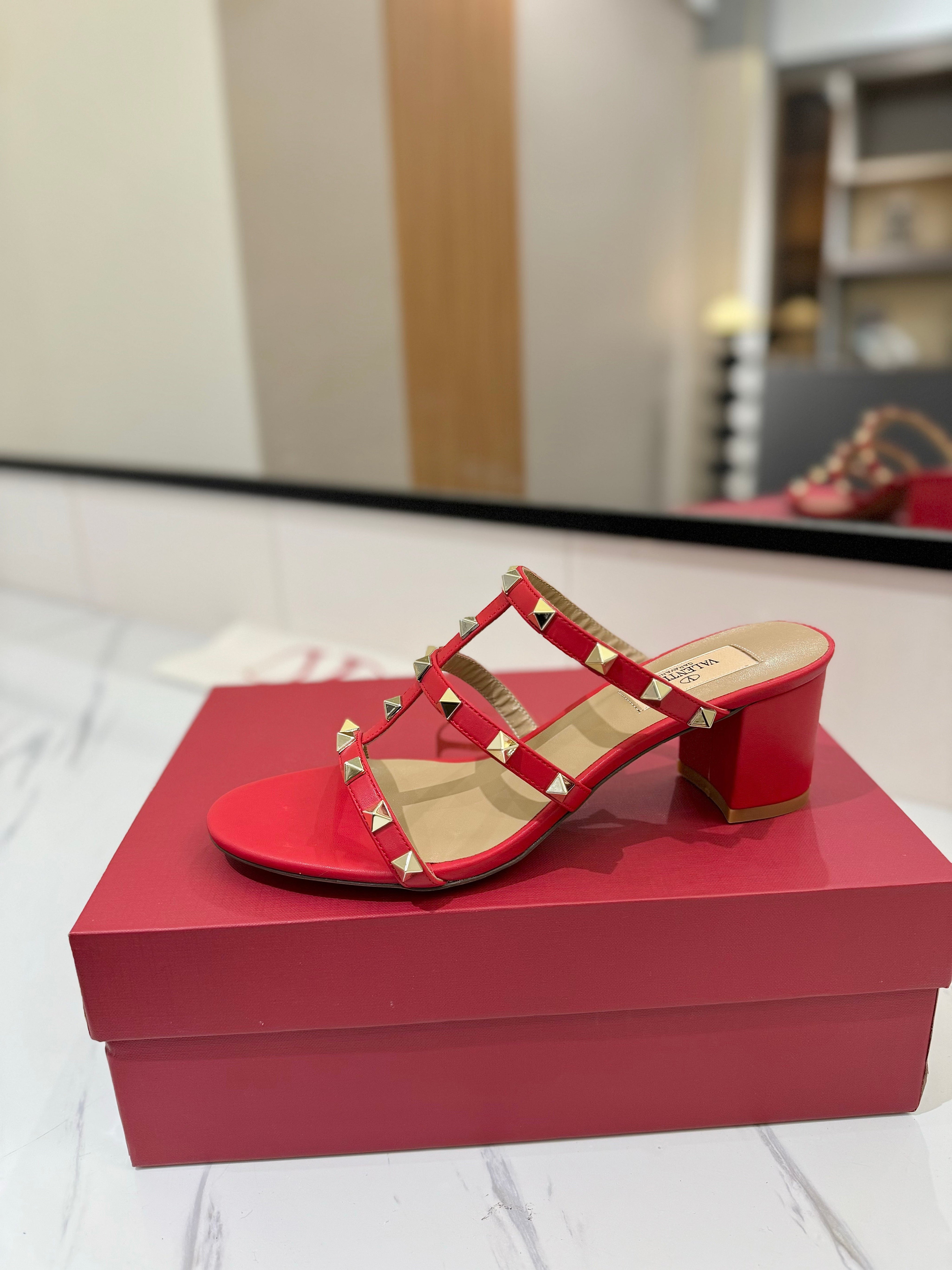 VALENTINO 26S HEELED SANDALS 60 MM IN RED CALFSKIN WITH GOLD STUDS