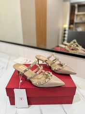 VALENTINO 26S STUDDED HEELED MULES 50 MM IN NUDE PATENT CALFSKIN
