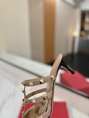 VALENTINO 26S STUDDED HEELED MULES 50 MM IN BLACK PATENT CALFSKIN