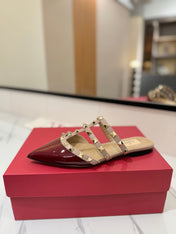 VALENTINO 26S STUDDED FLAT MULES IN DARK RED PATENT CALFSKIN