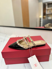 VALENTINO 26S STUDDED FLAT MULES IN BLACK PATENT CALFSKIN