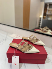 VALENTINO 26S STUDDED FLAT MULES IN WHITE PATENT CALFSKIN