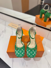 HIGH SANDALS 8 CM IN EMERALD GREEN MONOGRAM DENIM AND CALFSKIN
