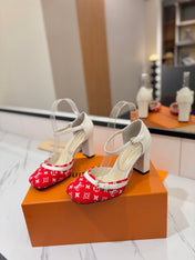 HIGH SANDALS 8 CM IN CHERRY RED MONOGRAM DENIM AND WHITE CALFSKIN