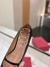VALENTINO 26S MARY JANE FLATS IN BLACK CALFSKIN WITH CRYSTAL FLOWER