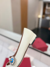 VALENTINO 26S MARY JANE FLATS IN WHITE CALFSKIN WITH CRYSTAL FLOWER