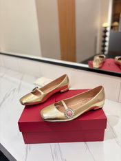 VALENTINO 26S MARY JANE FLATS IN METALLIC GOLD CALFSKIN WITH CRYSTAL FLOWER