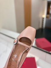 VALENTINO 26S MARY JANE FLATS IN NUDE PINK CALFSKIN WITH CRYSTAL FLOWER