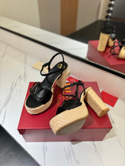 VLTN ESPADRILLE WEDGE SANDALS 25S 115 MM IN BLACK LAMBSKIN