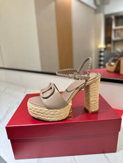 VLTN ESPADRILLE WEDGE SANDALS 25S 115 MM IN BEIGE BROWN LAMBSKIN