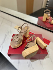 VLTN ESPADRILLE WEDGE SANDALS 25S 115 MM IN BEIGE BROWN LAMBSKIN