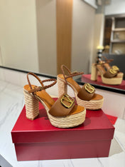 VLTN ESPADRILLE WEDGE SANDALS 25S 115 MM IN BROWN LAMBSKIN WITH GOLD HARDWARE