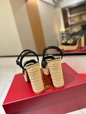 VLTN ESPADRILLE WEDGE SANDALS 25S 115 MM IN BLACK LAMBSKIN WITH GOLD HARDWARE