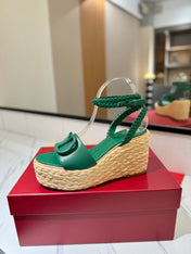 VLTN ESPADRILLE WEDGE SANDALS 25S 90 MM IN DARK GREEN LAMBSKIN STYLE 6