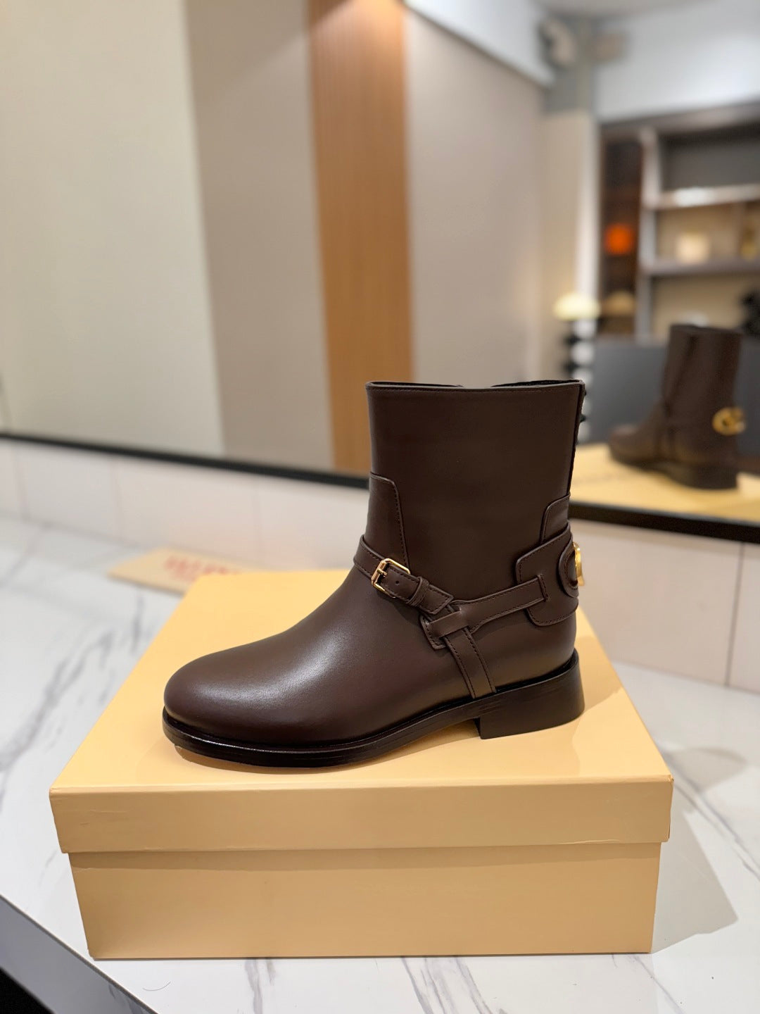 VALENTINO 25S PATTIE ANKLE BOOTS IN DARK BROWN CALFSKIN WITH GOLD HARDWARE