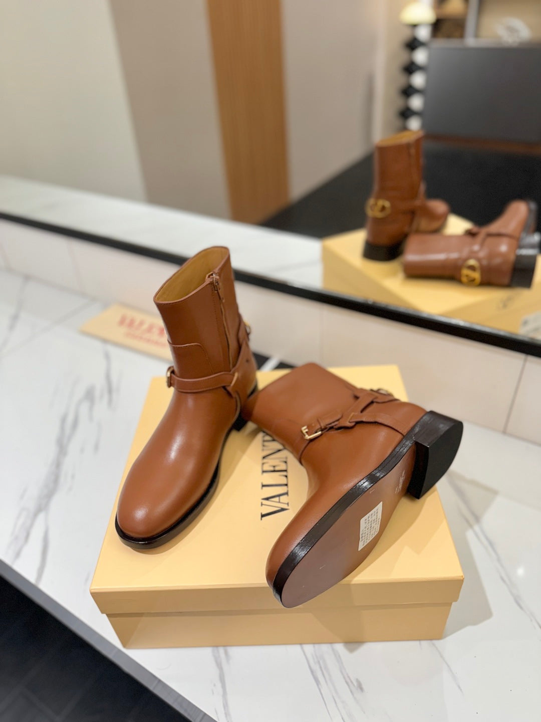 VALENTINO 25S PATTIE ANKLE BOOTS IN BROWN CALFSKIN WITH GOLD HARDWARE