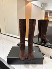 YSL 26S KNEE-HIGH BOOTS 90 MM IN DARK BROWN SUEDE