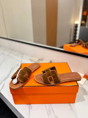 HM 26S ORAN SANDALS IN CARAMEL BROWN SUEDE WITH TAN BOWN BRAIDED TRIM