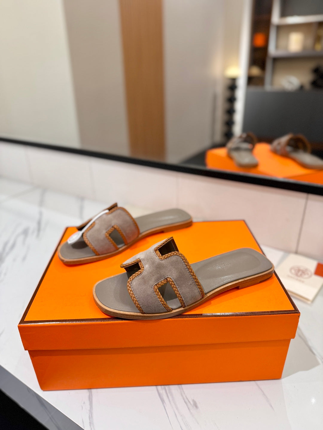 HM 26S ORAN SANDALS IN BROWN SUEDE WITH TAN BOWN BRAIDED TRIM