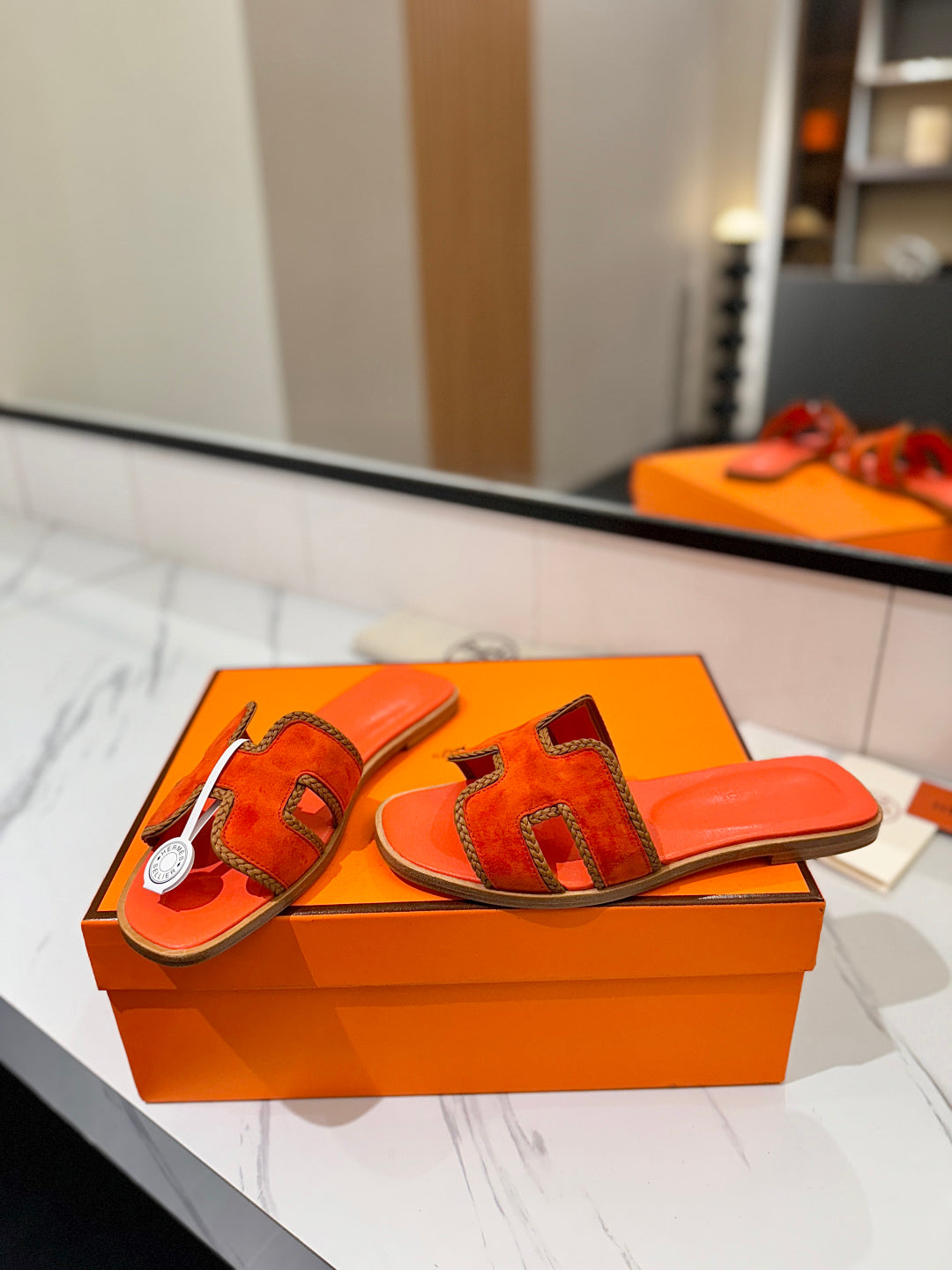 HM 26S ORAN SANDALS IN ORANGE SUEDE WITH TAN BOWN BRAIDED TRIM