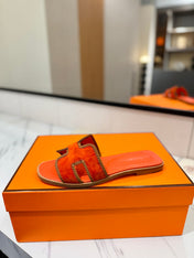 HM 26S ORAN SANDALS IN ORANGE SUEDE WITH TAN BOWN BRAIDED TRIM