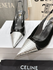 JUDY CAP TOE SLINGBACK 65MM IN BLACK SHINY CALFSKIN AND SILVER SNAKE EMBOSSED LEATHER