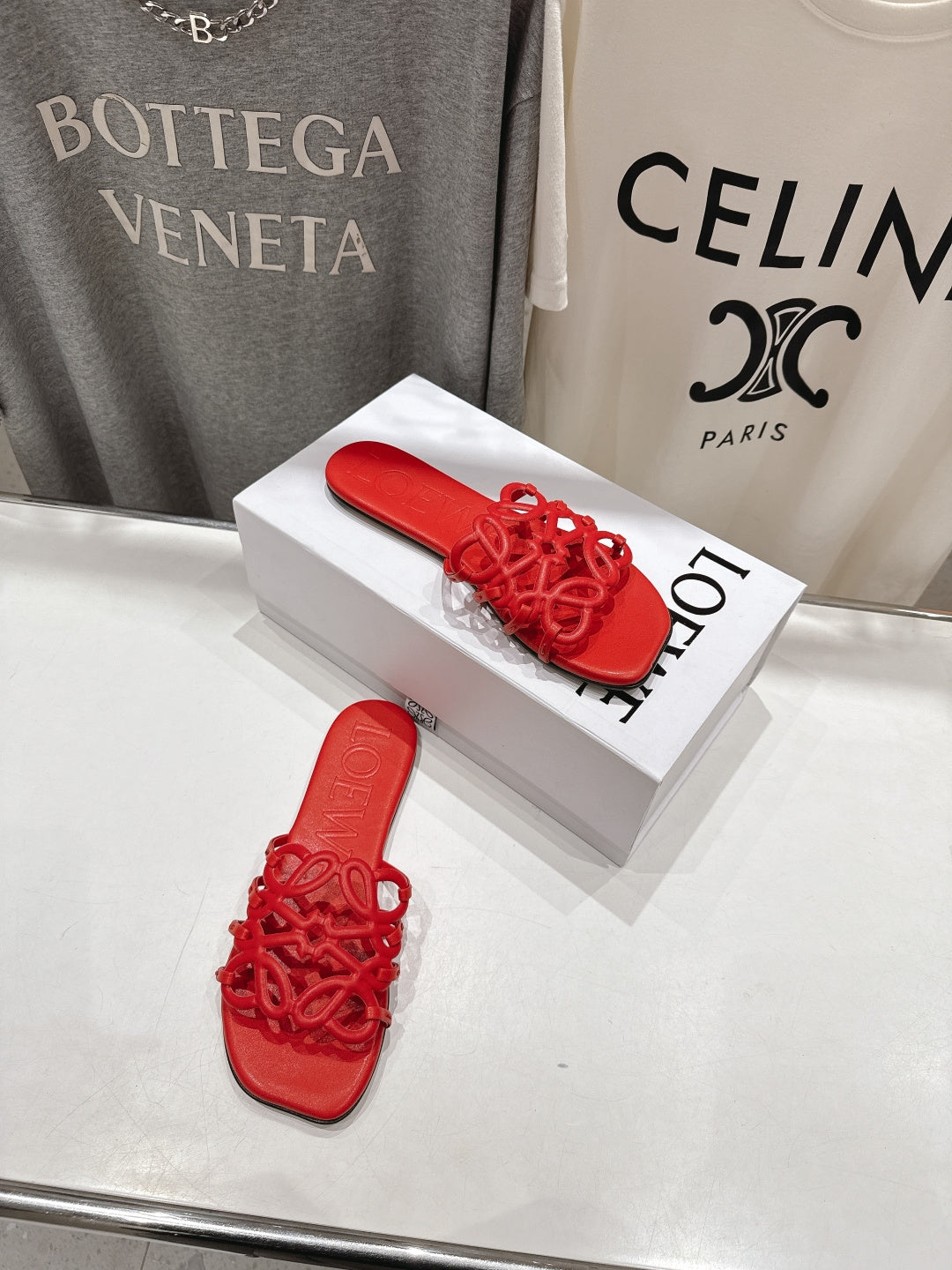 LOEWE 26S PETAL ANAGRAM SLIDE IN DARK RED CALFSKIN