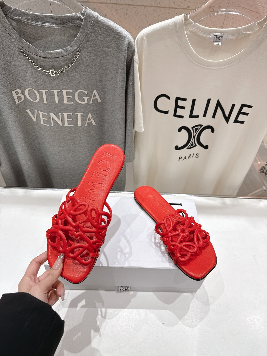 LOEWE 26S PETAL ANAGRAM SLIDE IN DARK RED CALFSKIN