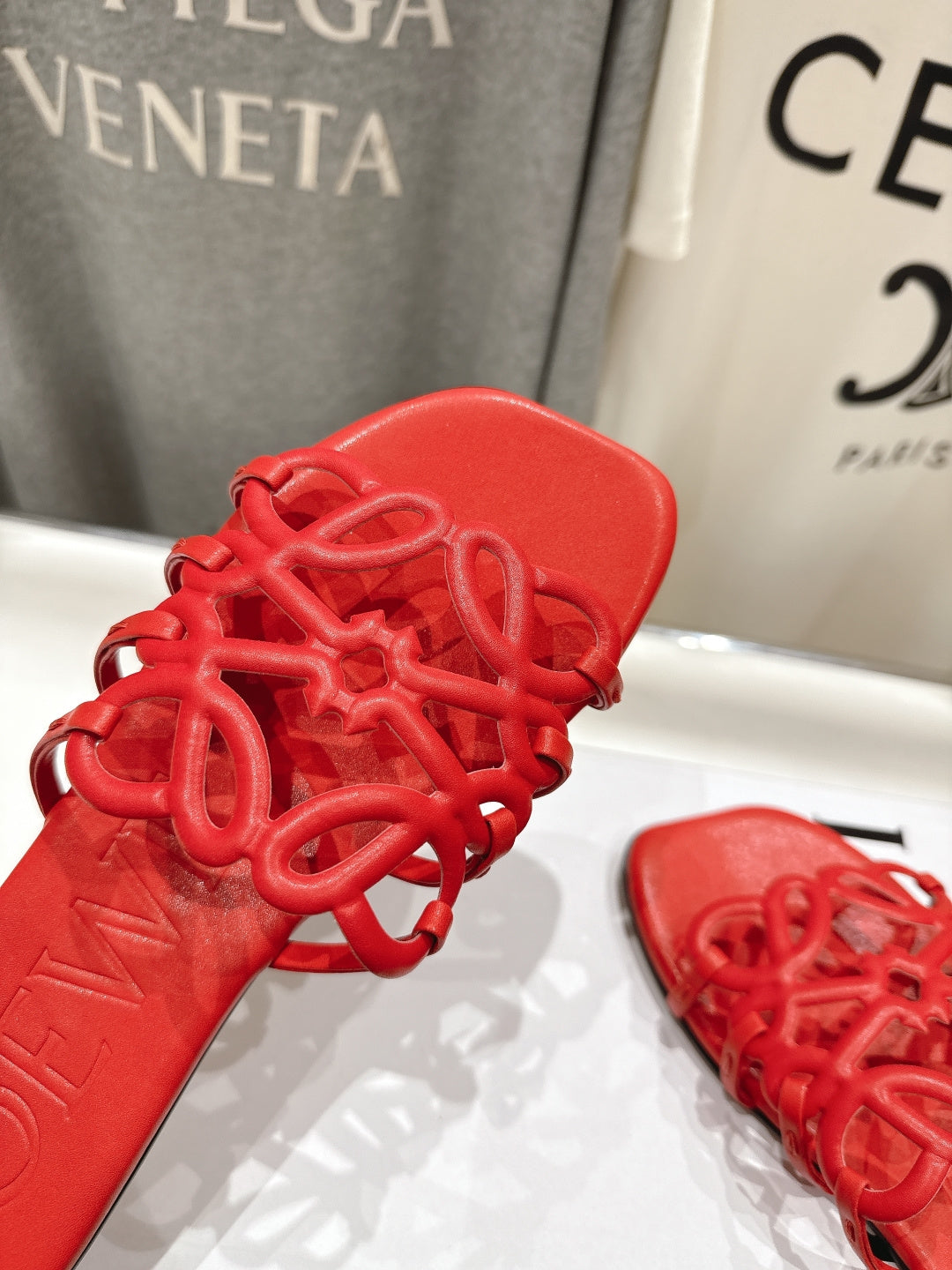 LOEWE 26S PETAL ANAGRAM SLIDE IN DARK RED CALFSKIN