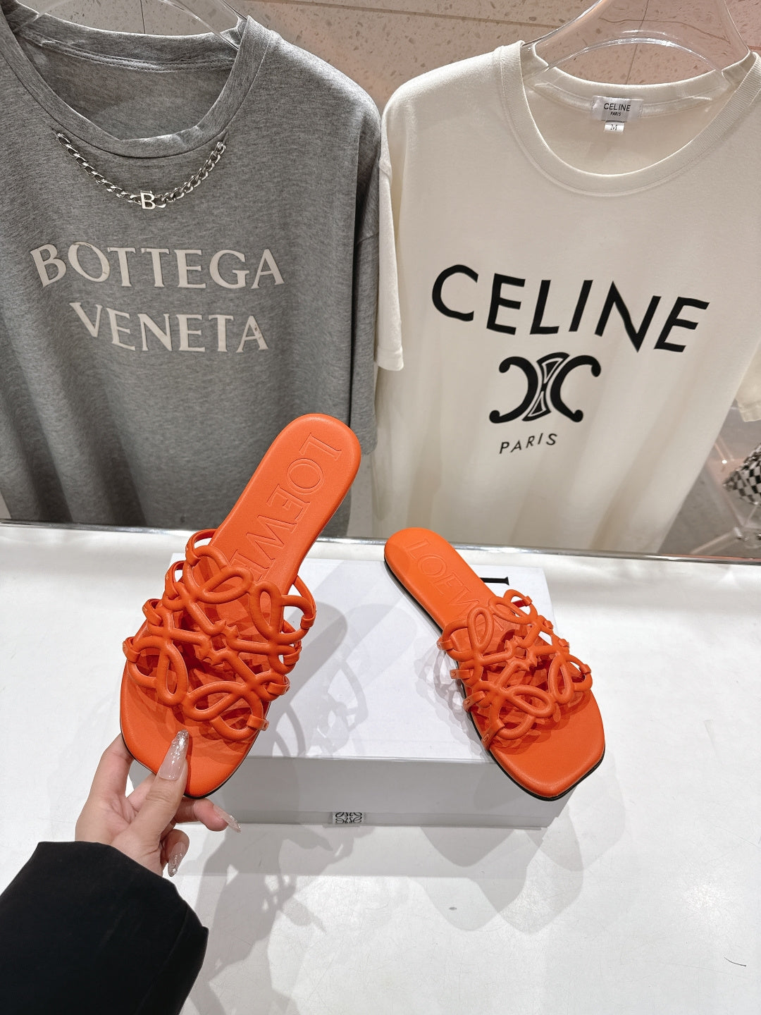 LOEWE 26S PETAL ANAGRAM SLIDE IN BURNT ORANGE CALFSKIN
