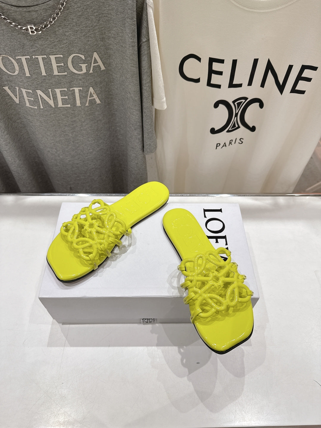 LOEWE 26S PETAL ANAGRAM SLIDE IN LEMON YELLOW CALFSKIN