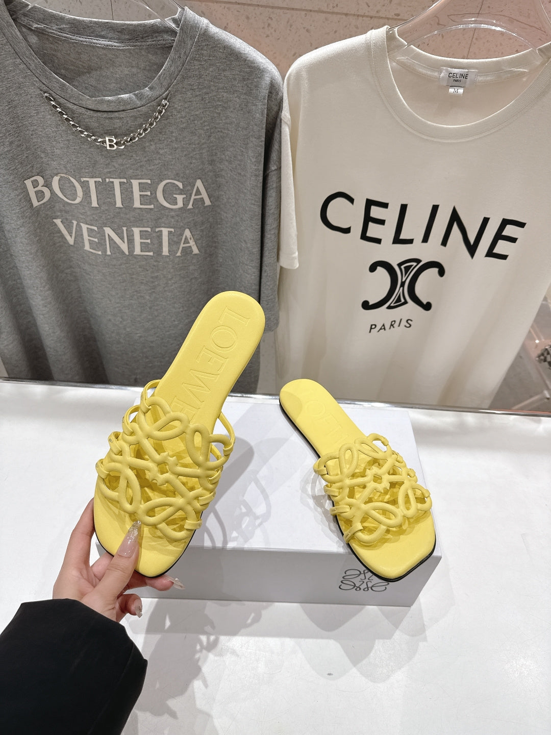 LOEWE 26S PETAL ANAGRAM SLIDE IN YELLOW CALFSKIN