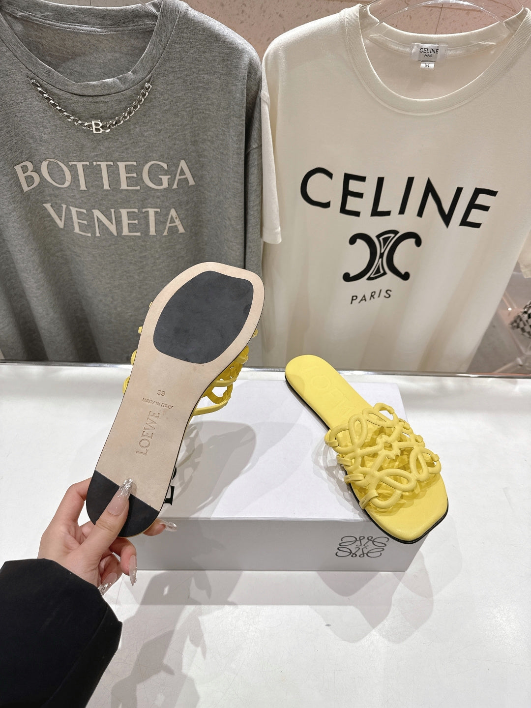 LOEWE 26S PETAL ANAGRAM SLIDE IN YELLOW CALFSKIN