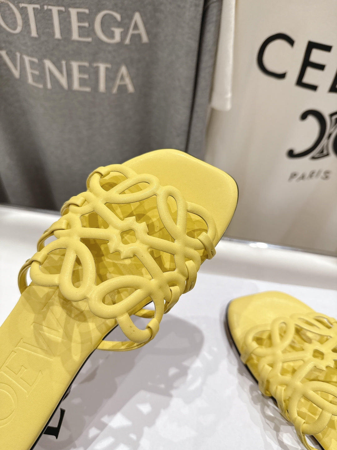 LOEWE 26S PETAL ANAGRAM SLIDE IN YELLOW CALFSKIN