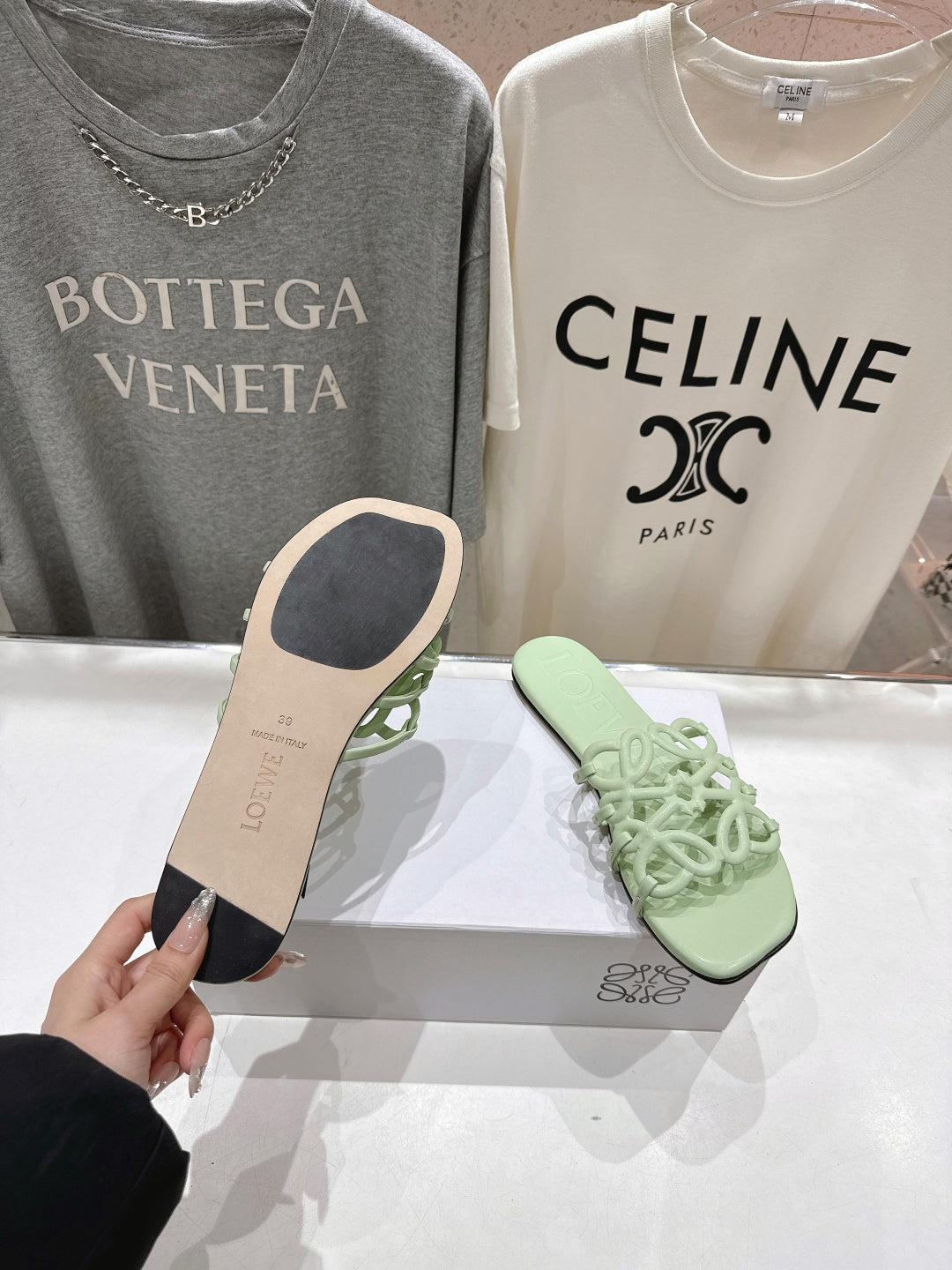 LOEWE 26S PETAL ANAGRAM SLIDE IN SAGE GREEN CALFSKIN