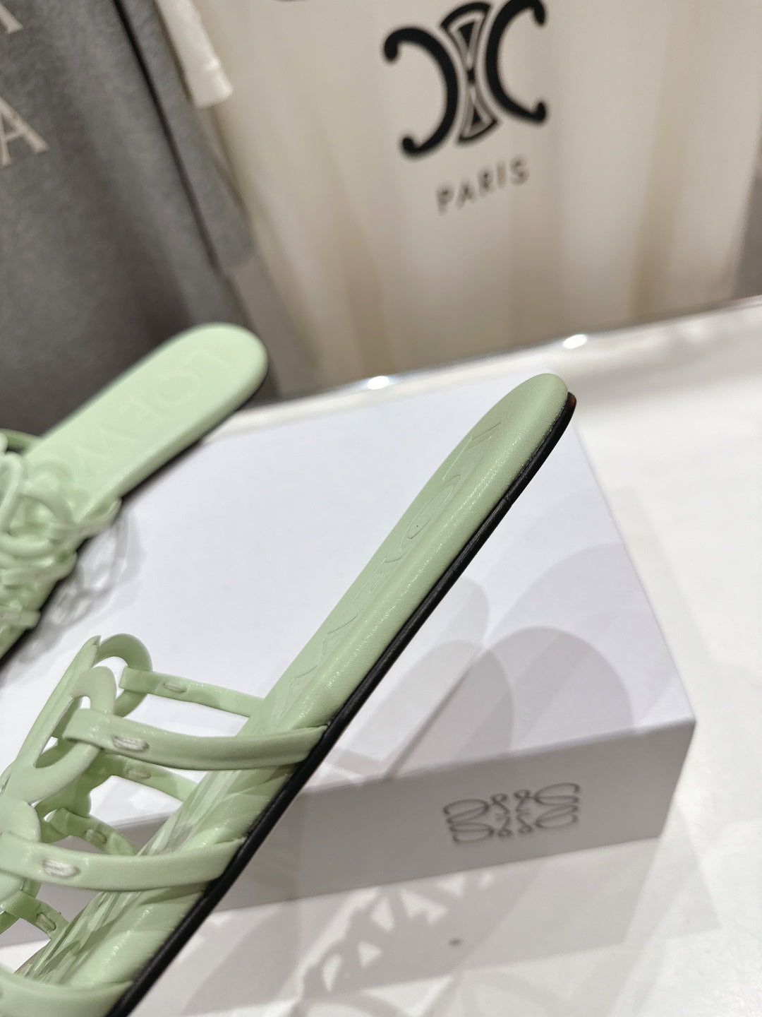 LOEWE 26S PETAL ANAGRAM SLIDE IN SAGE GREEN CALFSKIN