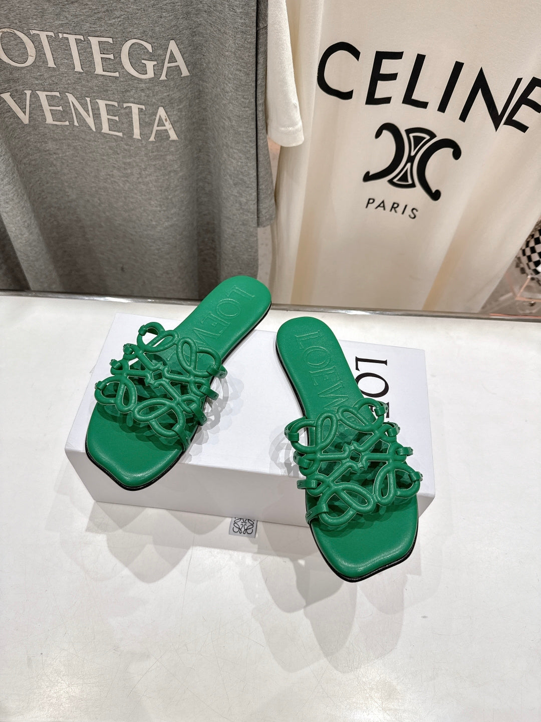 LOEWE 26S PETAL ANAGRAM SLIDE IN GREEN CALFSKIN
