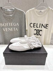 PRADA 25S COLLAPSE RE NYLON AND SUEDE BALLERINAS IN LIGHT GRAY AND CREAM
