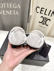 PRADA 25S COLLAPSE RE NYLON AND SUEDE BALLERINAS IN LIGHT GRAY AND CREAM
