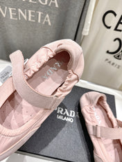 PRADA 25S COLLAPSE RE NYLON AND SUEDE BALLERINAS IN BABY PINK