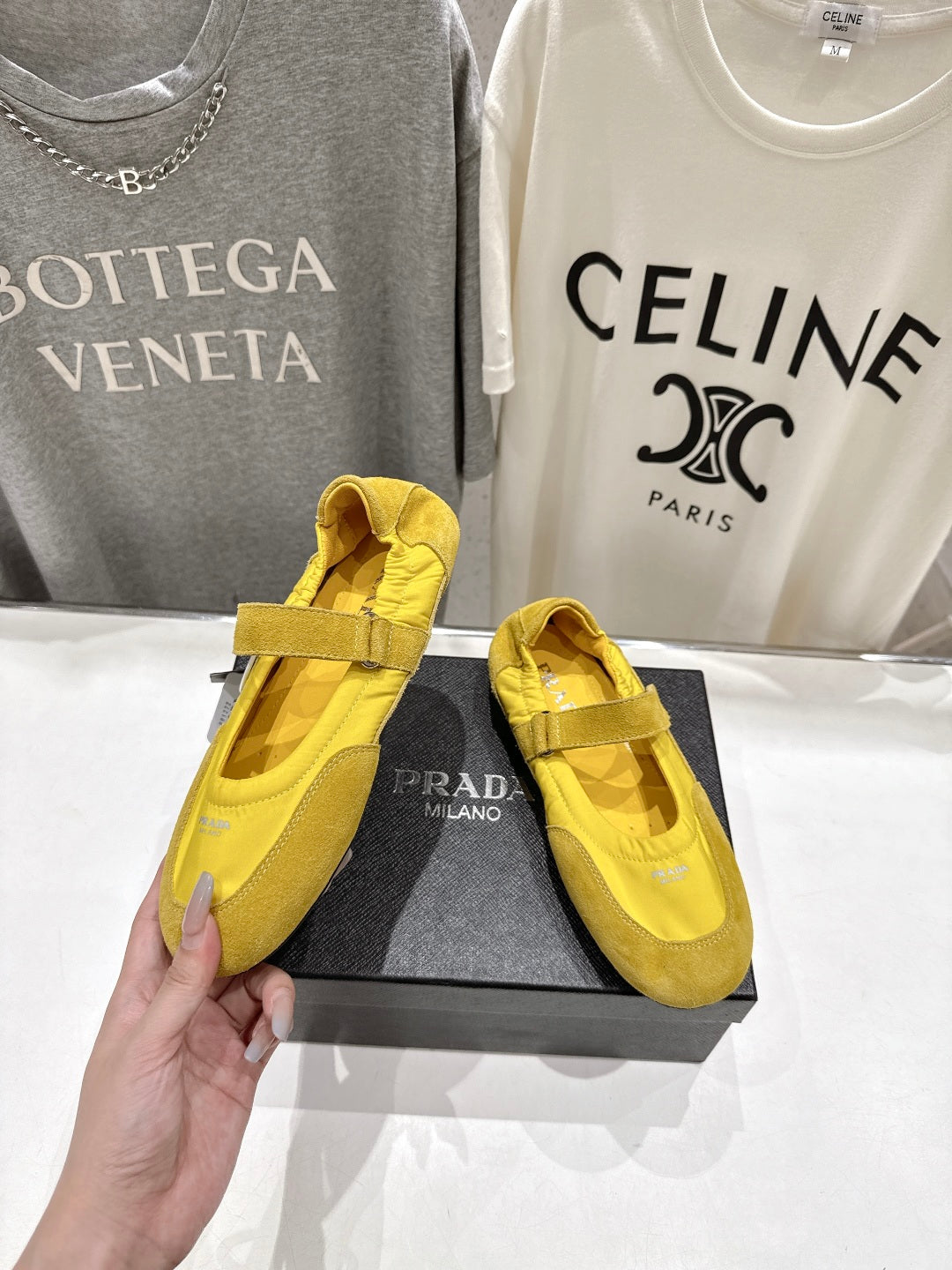 PRADA 25S COLLAPSE RE NYLON AND SUEDE BALLERINAS IN LEMON YELLOW