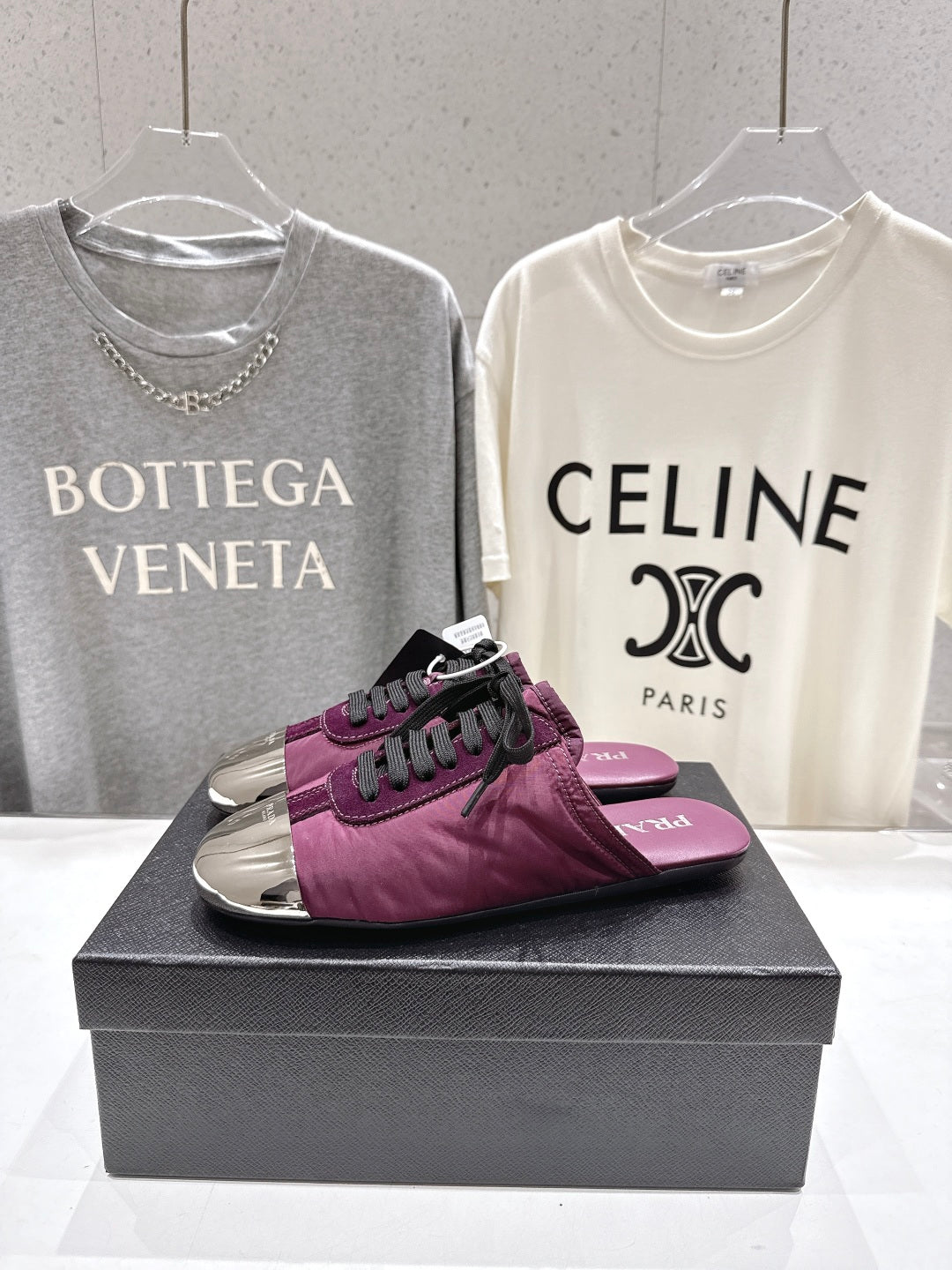 PRADA 25S MULES IN PLUM WITH METAL TOECAP