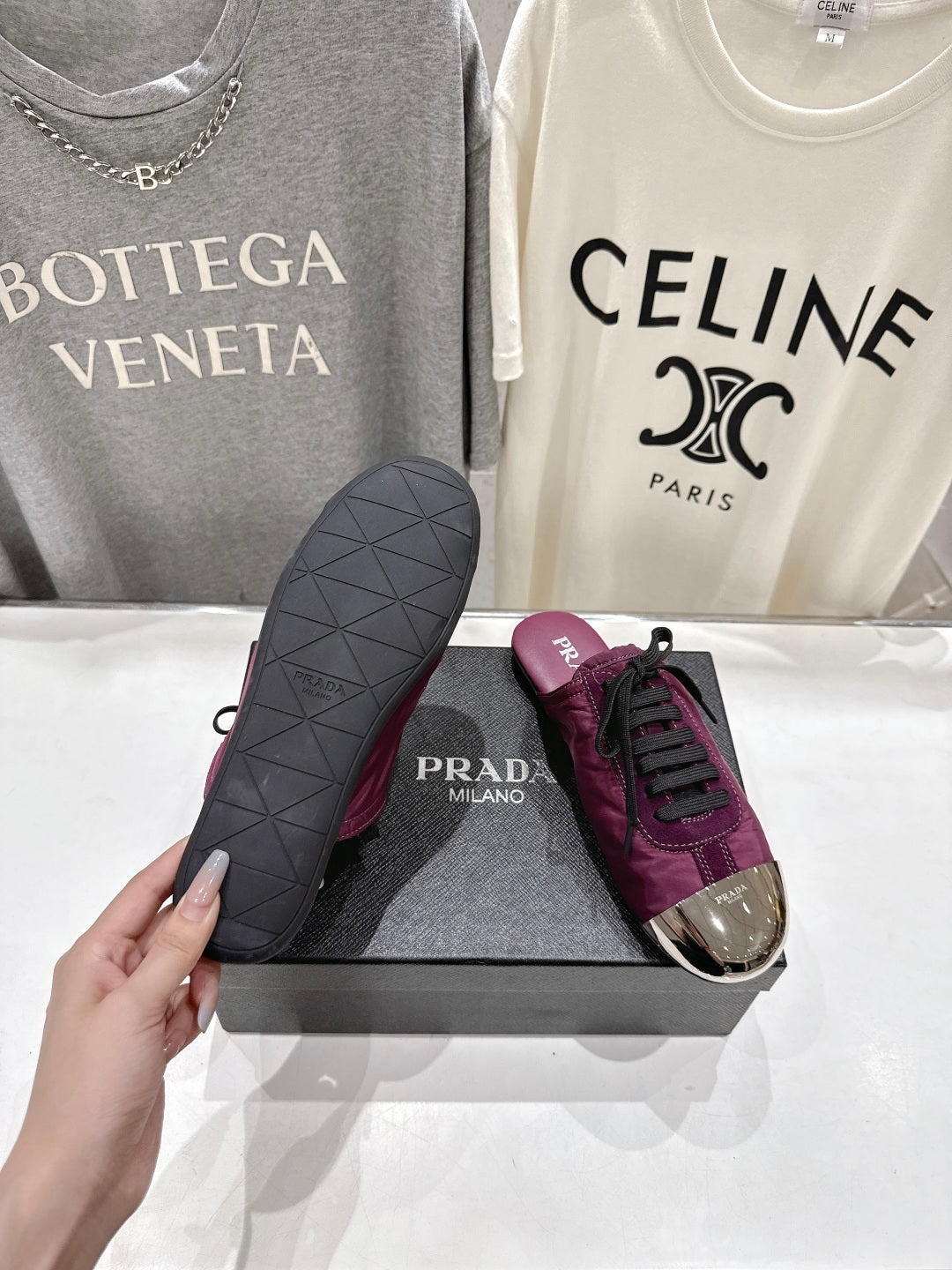 PRADA 25S MULES IN PLUM WITH METAL TOECAP