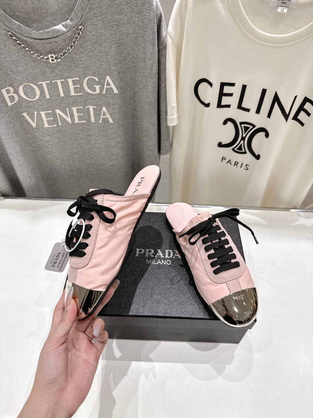 PRADA 25S MULES IN LIGHT PINK WITH METAL TOECAP